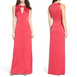 ANTHROPOLOGIE SHOSHANNA Raspberry Satin Column Twist Neck Detail Cocktail Dress